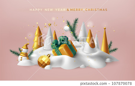 3D New Year background. Merry Christmas fir tree. Gift box. Winter celebration. Happy Noel. Xmas balls. Holiday presents. Golden confetti and snowdrift. Festive render elements. Vector exact banner 107870078