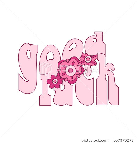 Cowgirl pink groovy flowers with good luck lettering. Cowboy western theme, wild west, texas. Hand drawn cartoon trendy vector illustration. Cowgirl pink groovy flowers with good luck lettering. Cowboy western theme, wild west, texas. Hand drawn cartoon trendy vector illustration. 107870275