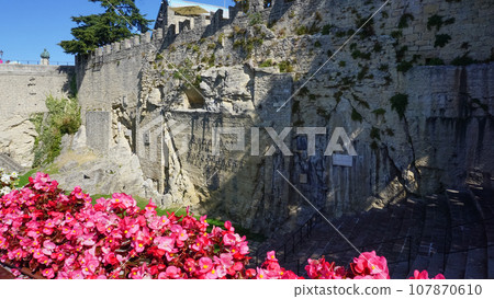 San Marino city view. Stone street and old walls in San-Marino, Italy. San Marino city view. Stone street and old walls in San-Marino, Italy. 107870610
