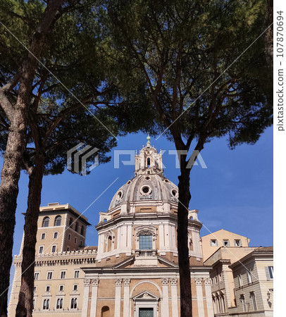 Italy. Rome. Trojan column, churches of Santa Maria di Loreto and Santissima Nome di Maria Most Holy Name of Mary and ruins of a forum of Trajan Italy. Rome. Trojan column, churches of Santa Maria di Loreto and Santissima Nome di Maria Most Holy Name of Mary and ruins of a forum of Trajan 107870694