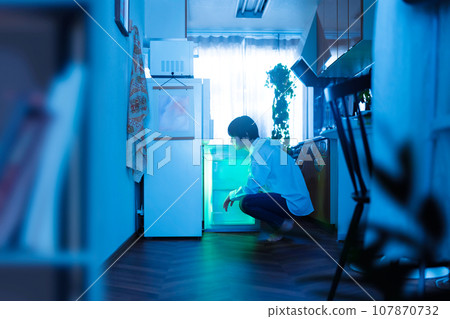 Portrait of a woman opening the refrigerator 107870732