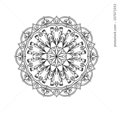 Hand drawn doodle floral mandala. Ethnic round lacy pattern with ornament. Coloring book page element for adults. Vector illustration Hand drawn doodle floral mandala. Ethnic round lacy pattern with ornament. Coloring book page element for adults. Vector illustration 107871032