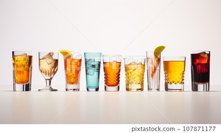 Set of various contemporary classic alcohol cocktails in different glasses placed on table Set of various contemporary classic alcohol cocktails in different glasses placed on table 107871177
