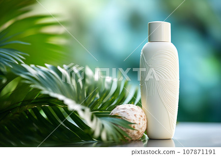 Cosmetics bottle mockup with tropical leaves. 107871191