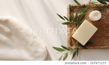 Natural bathroom product, handcrafted soap, spa towels and eucalyptus branches Natural bathroom product, handcrafted soap, spa towels and eucalyptus branches 107871237