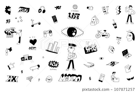 Hipsters city life,teen lifestyle things - doodles , cartoons objects 107871257