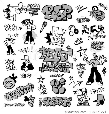 rap graffiti lettering doodles vector background ,isolated design element rap graffiti lettering doodles vector background ,isolated design element 107871271