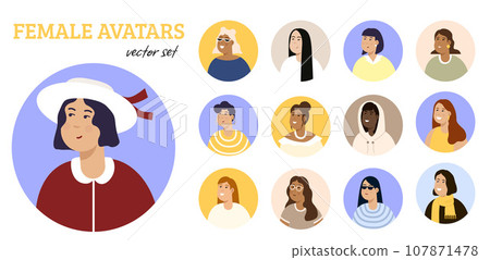 Modern circle avatars set. Characters faces, head portraits. Women and men heads in flat style. Vector illustration EPS10 107871478