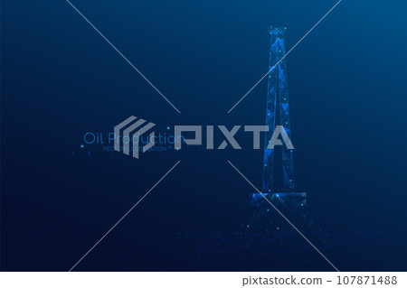 Oil fields concept. Oil drilling derricks at desert oilfield for fossil fuels. Low poly wireframe vector illustration EPS10. 107871488