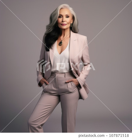 Beautiful aged lady posing on studio background, stylish dressed senior woman with gray hair, positive aging concept Beautiful aged lady posing on studio background, stylish dressed senior woman with gray hair, positive aging concept 107871518