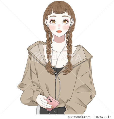 戴著耳機,在智慧型手機聽音樂的女孩 戴著耳機,在智慧型手機聽音樂的女孩 107872218