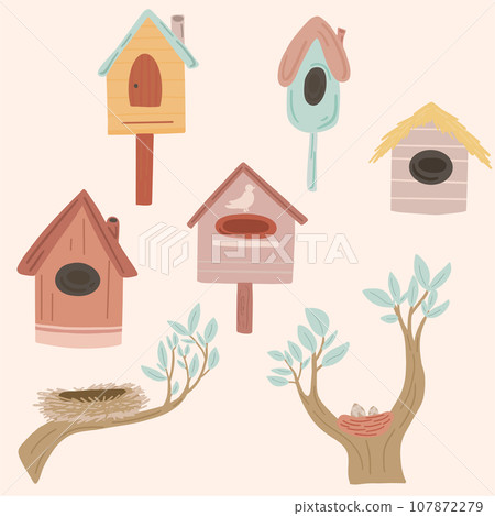 Nesting boxes birdhouse hand drawn set Nesting boxes birdhouse hand drawn set 107872279