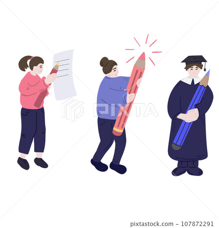 Cartoons student standing with large pencil Cartoons student standing with large pencil 107872291