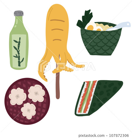 Collection of Korean food hand drawn vector set with octopus stick 107872306