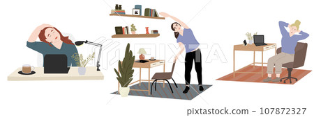 Set of stretching cartoons female at workplace Set of stretching cartoons female at workplace 107872327