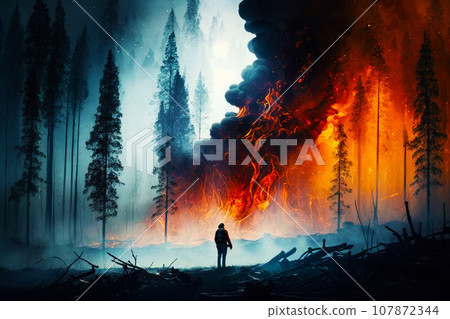Brave firefighter stands in front of a huge forest fire 107872344