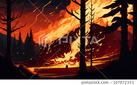 Forest fire. Burning forest, fire season.  107872353