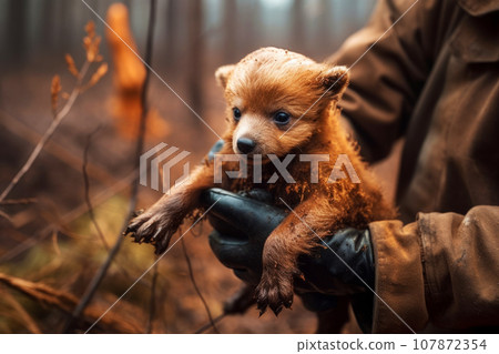 A firefighter or volunteer in a protective suit holds in his arms a bear cub 107872354