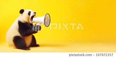 Panda with loudspeaker on yellow background 107872357