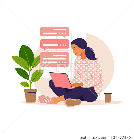 Girl friends chat online. Girl sitting in a chair in front of a laptop and  speaks with friend. Video conference, online chat concept. Working or online  meeting from home. Vector flat illustration.