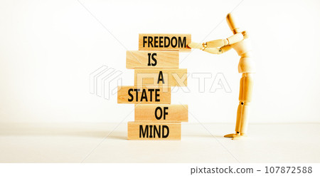 Freedom in mind symbol. Concept words Freedom is a state of mind on wooden block. Beautiful white table white background. Businessman icon. Business freedom is a state of mind concept. 107872588