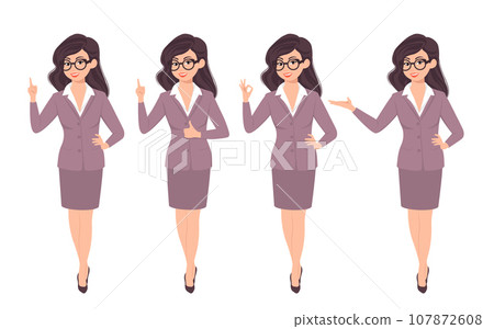 Pose character pose of businesswoman in suit set. Vector illustration 107872608