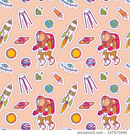 Seamless pattern of galaxy cosmic elements astronaut, earth, satellite, comet, planet, sun, rocket and meteorite univerce vector cartoon illustration space cosmos on beige background 107872696