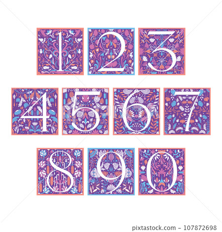 Vintage retro illustration set of arabic numbers alphabet in modern style, flowers, branches and leaves. Art Nouveau and art Deco style. Symmetrical backgrounds with white, orange, blue and violet Vintage retro illustration set of arabic numbers alphabet in modern style, flowers, branches and leaves. Art Nouveau and art Deco style. Symmetrical backgrounds with white, orange, blue and violet 107872698