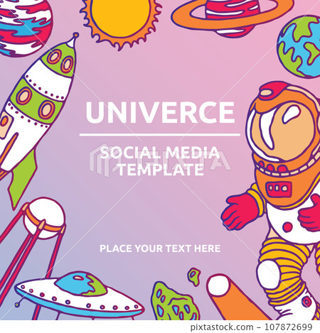 Social media square template of galaxy cosmic elements astronaut, earth, satellite, comet, planet, sun, rocket, spaceship and meteorite univerce vector cartoon illustration space cosmos. Vector Social media square template of galaxy cosmic elements astronaut, earth, satellite, comet, planet, sun, rocket, spaceship and meteorite univerce vector cartoon illustration space cosmos. Vector 107872699