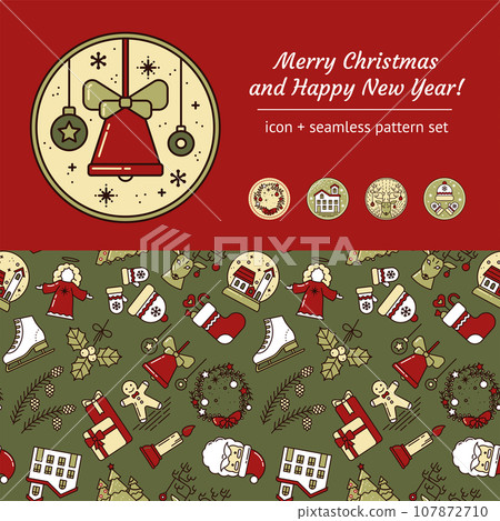 Christmas Scrapbooking Set. Seamless Pattern and Vector Icons with Christmas Toys, Bell, Wreath, Snow House, Deer, Hat and Mittens. For Invitations, Design, Greeting card and Newsletters. Vector Christmas Scrapbooking Set. Seamless Pattern and Vector Icons with Christmas Toys, Bell, Wreath, Snow House, Deer, Hat and Mittens. For Invitations, Design, Greeting card and Newsletters. Vector 107872710