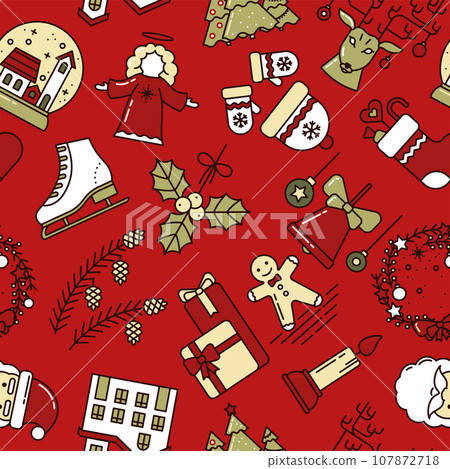Christmas Seamless Pattern with Christmas Toys, Bell, Snow Globe, Mistletoe, Santa Claus, Wreath, Snow House, Deer, Hat and Mittens. For Invitations, Design, Greeting card and Newsletters. Vector 107872718