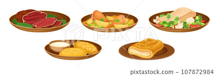 Brazilian Cuisine Dishes and Food Served on Plate Vector Set 107872984