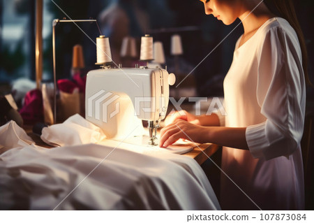 Fashionista Woman Seamstress at Work with Sewing Machine Fashionista Woman Seamstress at Work with Sewing Machine 107873084