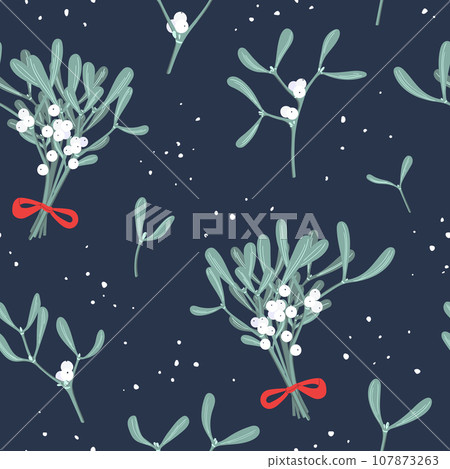 Festive Christmas mistletoe seamless pattern 107873263