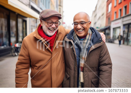 Diverse Senior Gay Pair Embracing Urban Adventures 107873333