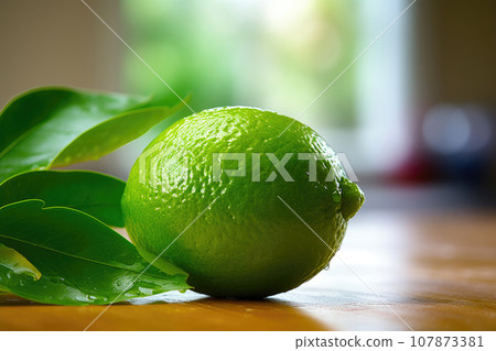 Bright Green Lime on a Rustic Kitchen Table 107873381