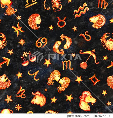 Seamless pattern with zodiac signs according to the horoscope. The watercolor is hand-drawn. Artistic, color, colorized illustration. On a black background. For textiles, astrological forecasts. Seamless pattern with zodiac signs according to the horoscope. The watercolor is hand-drawn. Artistic, color, colorized illustration. On a black background. For textiles, astrological forecasts. 107873405