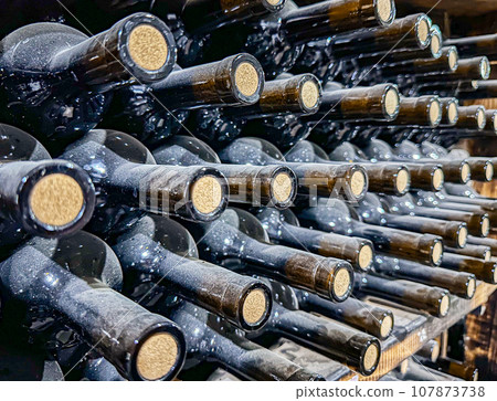 Old wine cellar with corked bottles heaps in dust 107873738