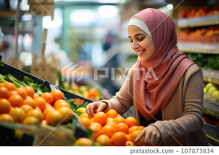 Muslim Woman Sorting Fresh Produce at the Market Muslim Woman Sorting Fresh Produce at the Market 107873834