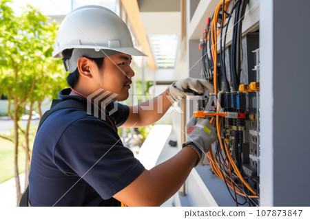 Expert Electrician Installing Wiring in a Stylish Home Expert Electrician Installing Wiring in a Stylish Home 107873847