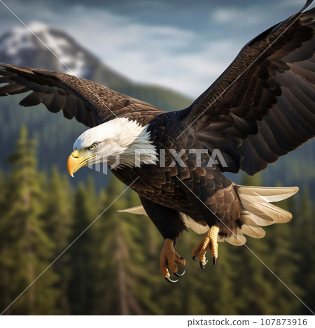 An American bald eagle flies head down 107873916