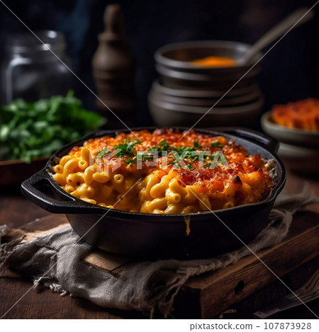 a plate of American macaroni and cheese a plate of American macaroni and cheese 107873928