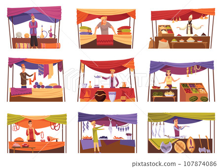 Asian street market or bazaar in old eastern city icon set. Cartoon vendors selling in local marketplace. Sellers at counters or traditional retailing 107874086