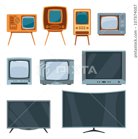 Tv set evolution. Communication system progress, old or retro and modern receivers. History, technology concept, cartoon TV icon. Isolated vector illustration 107874087
