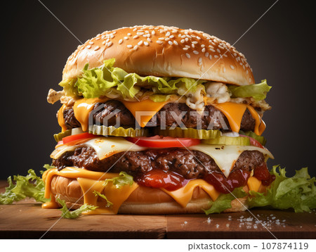 Fresh Cooked Delicious Double Cheeseburger with all the Fixings. Generative AI. Fresh Cooked Delicious Double Cheeseburger with all the Fixings. Generative AI. 107874119