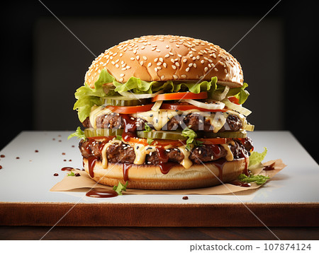 Fresh Cooked Delicious Double Cheeseburger with all the Fixings. Generative AI. Fresh Cooked Delicious Double Cheeseburger with all the Fixings. Generative AI. 107874124