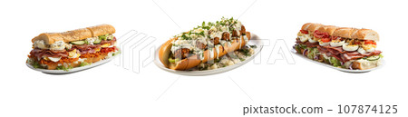 Set of Delicisous Stuffed Sub Style Sandwiches Isolated on a White Background. Generative AI. 107874125