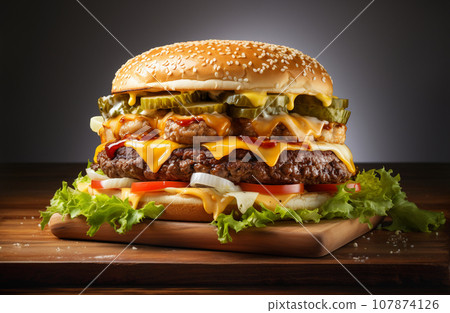 Fresh Cooked Delicious Double Cheeseburger with all the Fixings. Generative AI. Fresh Cooked Delicious Double Cheeseburger with all the Fixings. Generative AI. 107874126