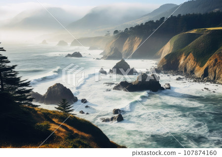 Coastal Elegance: Dramatic Misty Seascape 107874160