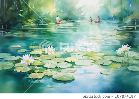 Crystal Clear Springscape with Lily Pads and Divers 107874197